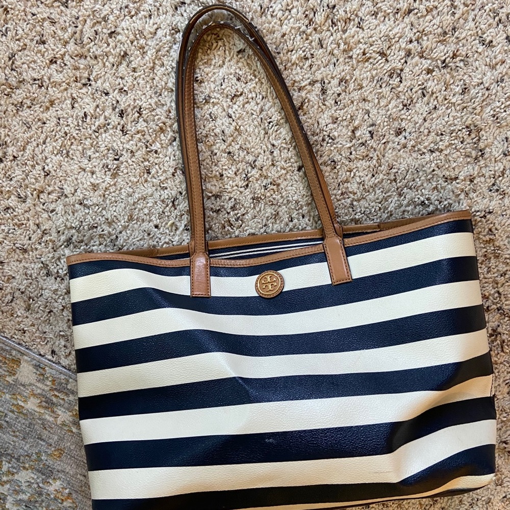 Blue striped Tory Burch tote.
